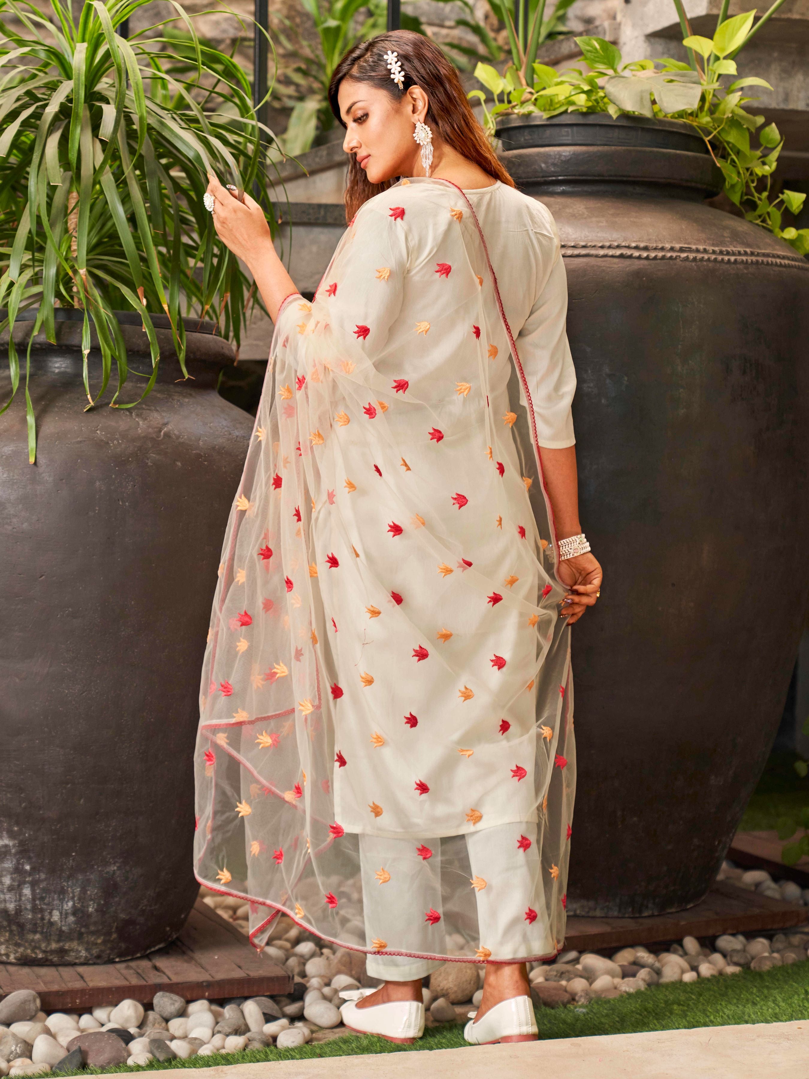 Floral Embroidered Cotton Blend Kurta with Trousers & Dupatta